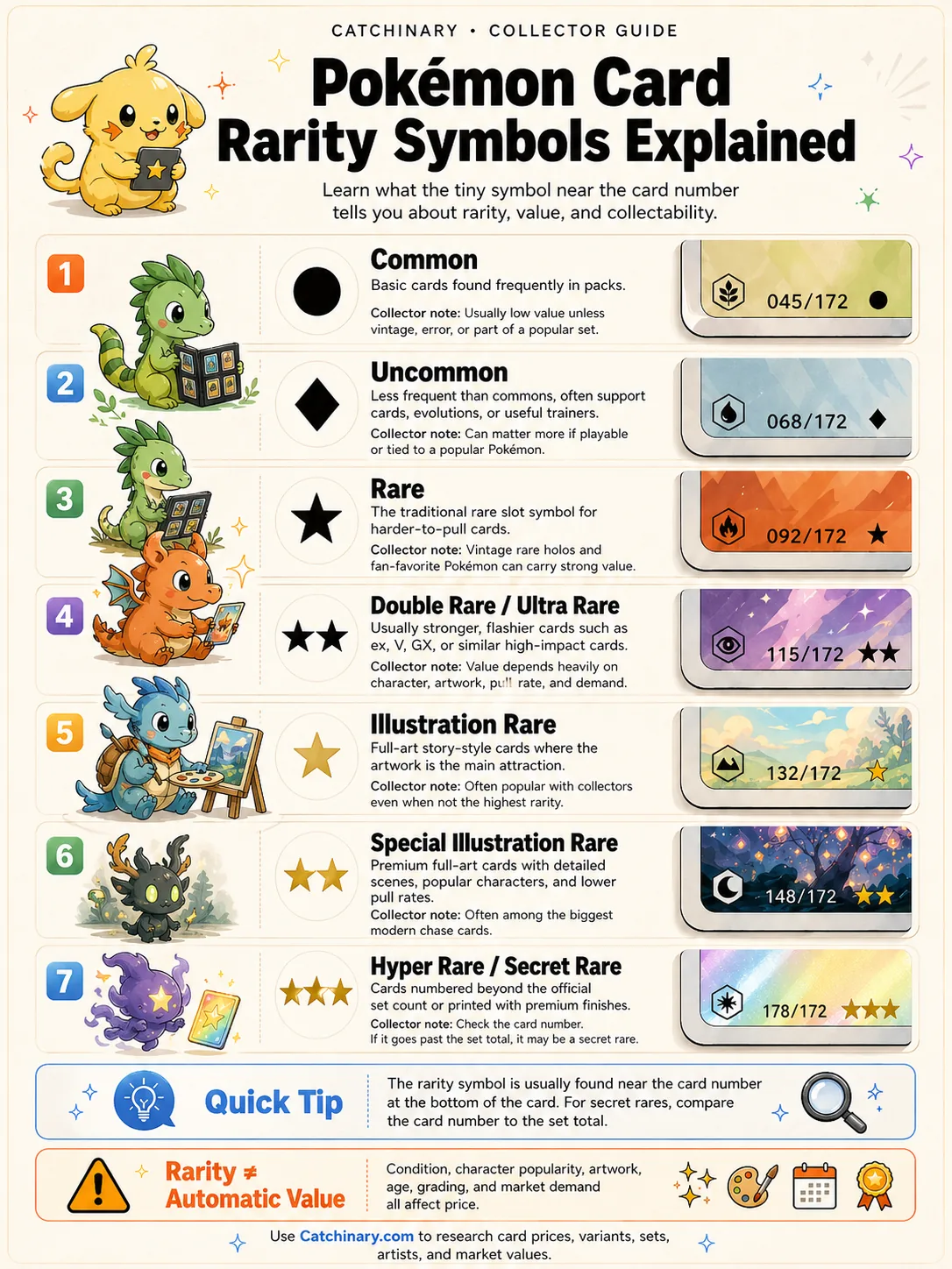 Pokémon card rarity symbols explained: Common circle (045/172), Uncommon diamond (068/172), Rare star (092/172), Double Rare two-star (115/172), Illustration Rare (132/172), Special Illustration Rare (148/172), Hyper Rare three-star (178/172). Plus a quick tip about secret rares and a reminder that rarity does not equal value.