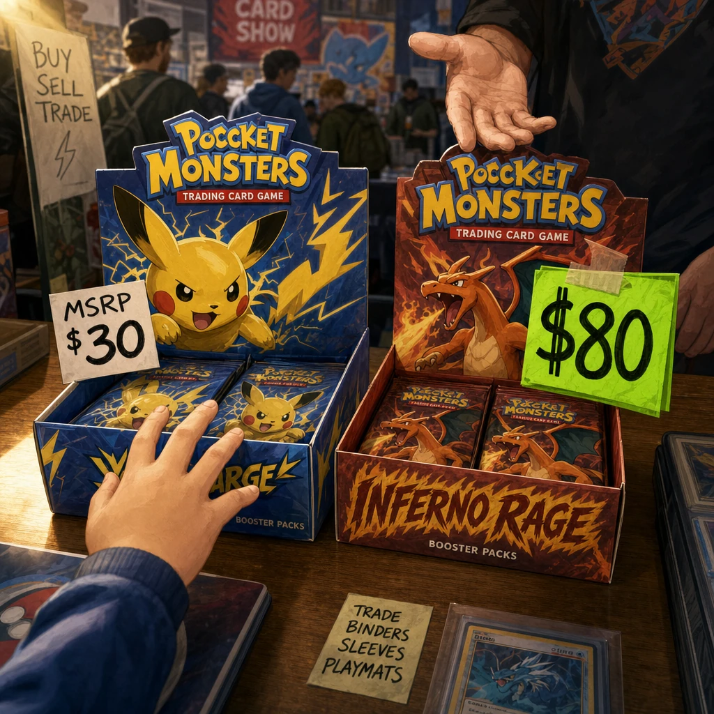 Two anonymous trading card booster boxes side by side on a wooden table at a card show. The left box has a small white MSRP $30 price tag. The right box has a larger neon-green $80 price tag taped to it. A child reaches for the cheaper box.
